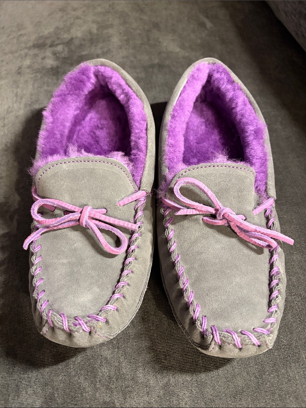 L.L. Bean Kids Gray Suede Moccasins with Purple Shearling NWOT